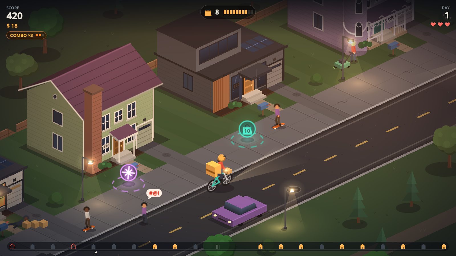 Delivering on a suburban street at night